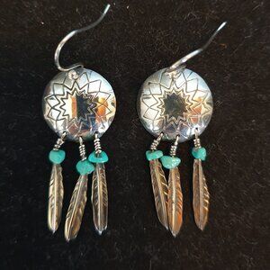 Navajo Dreamcatcher Feather Turquoise Sterling Silver Earrings - Native American